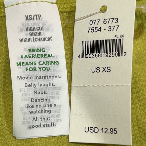 NWT AERIE High Cut Bikini Pantie Sz XS Pea Green Ribbed Gold Ring - Picture 4 of 4